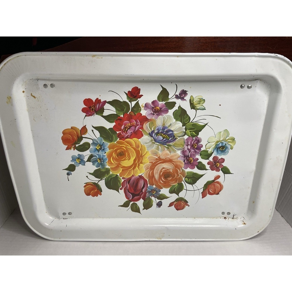 VTG MCM TV Table Bed Lap Tray Cottagecore Folding Legs Aluminum:Floral-Pre-Owned